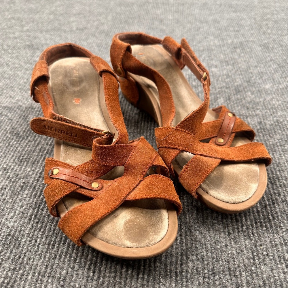 Merrell Revalli Sandals Women 8 Suede Wedge Brown Modern Casual Strappy Boho